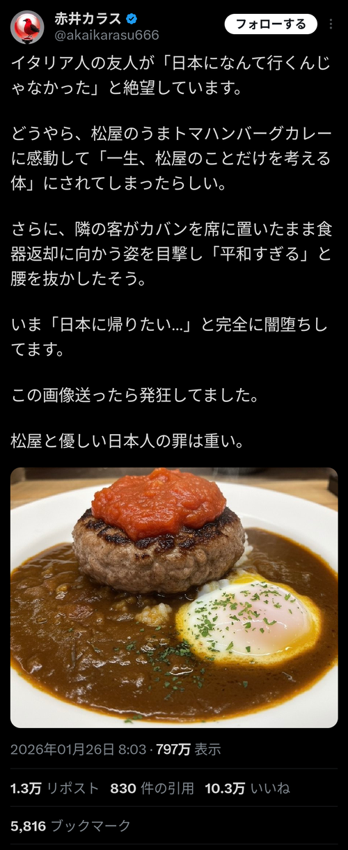 【悲報】イタリア人さん、松屋のハンバーグに脳を焼かれてしまうwww