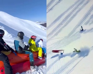 【動画】バナナボートで雪の斜面を滑り降りた男、馬鹿みたいに転がる（ノ∇`）