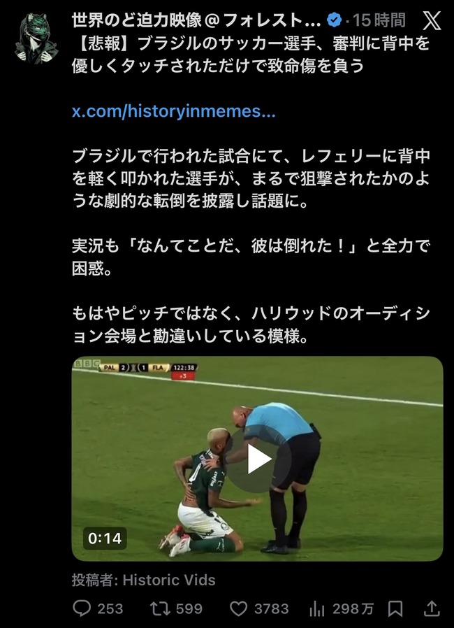 【悲報】サッカー選手、審判に背中を優しくタッチされただけで致命傷を負うwww