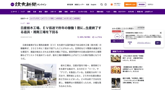 【悲報】日産、栃木工場の稼働率が1割にｗｗｗ