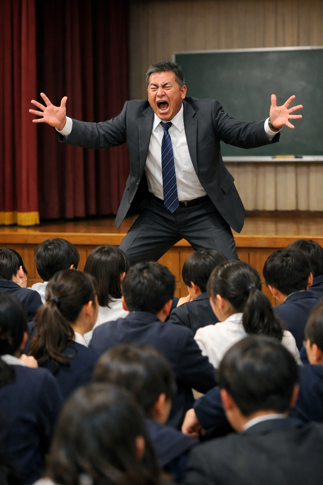 中学校の学年主任先生(50代)「ぎゃおおおん！トイレに飴玉の包みが落ちてたのおおおん！」→学年集会