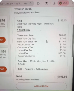 【これがNYホテル】部屋133ドル(約2万円) → 支払い197ドル(約3万円)になる魔法の都市（約1.5倍）