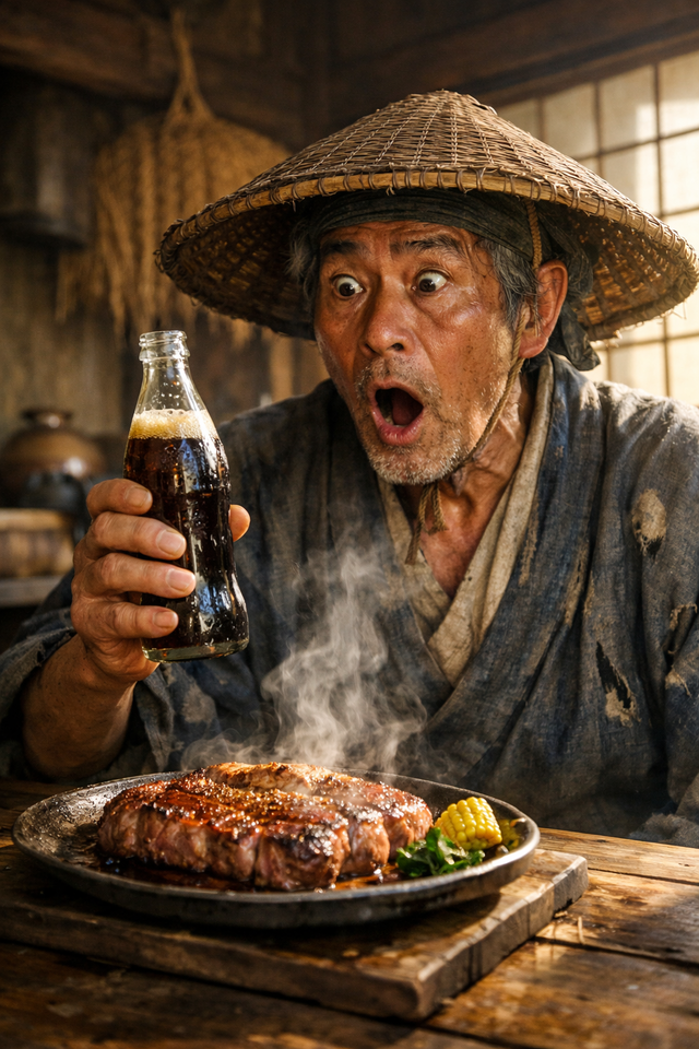 【衝撃】ヒエとアワしか食べてなかった江戸時代の農民にA5和牛とコーラ食わせた結果www