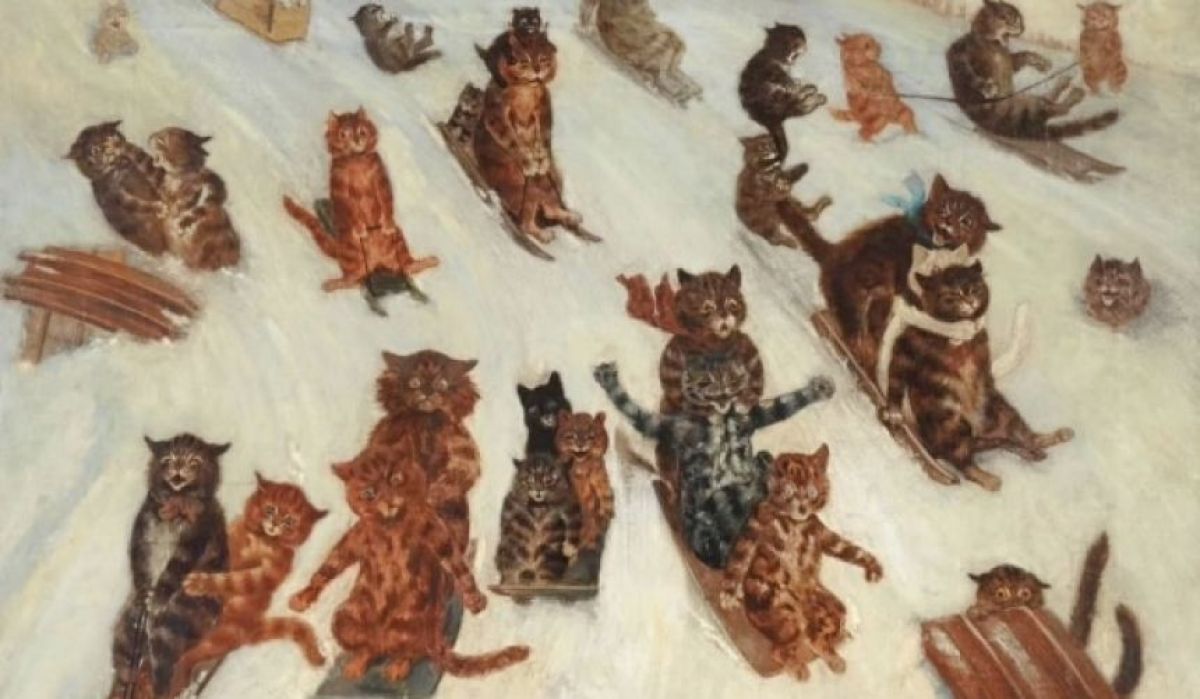 生涯猫を愛したルイス・ウェインが描いた「そり滑りを満喫する猫たち」