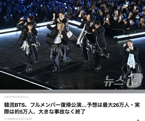 韓国警察「BTS復活ライブに来場者26万人くらい来るやろなぁ…w」→結果www