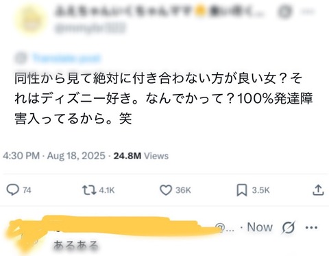 【画像あり】まんさん「ディズニー好きの女は発達入ってる」←万バズwww