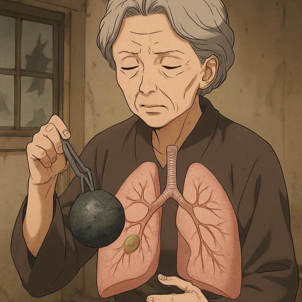 デスボール。70年後に死ぬ。広島で入市被爆した女性の肺からウランとデスボールが発見される。   |  >>広島で原爆投下の3日後に入市被爆した当時8歳の女性で