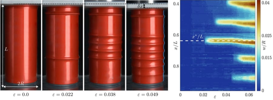 潰されるアルミ缶は破裂直前に「不思議なシマシマ」が現れると判明