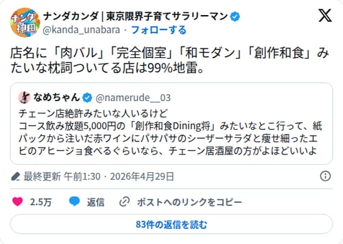 【悲報】店名に「肉バル」「完全個室」が付く店さん、99%地雷だとバレてしまう