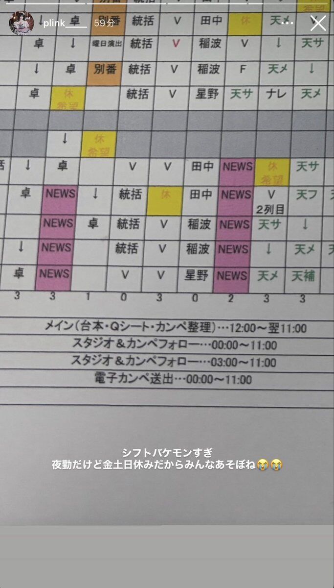 【画像】新入社員さん、日テレZIPのシフト表や社員証をインスタに晒して無事クビへ