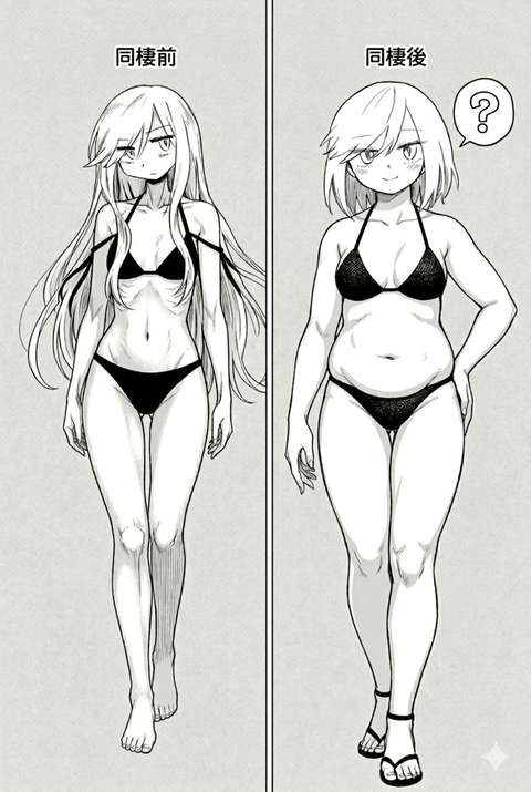 【画像】カリカリ女さん、同棲してデブデブ女になってしまう…