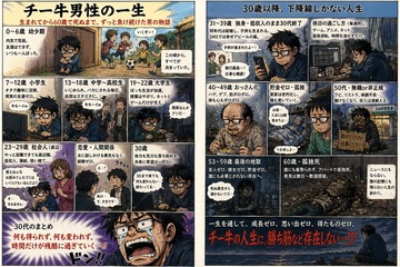 ChatGPTの画像生成、日本語がまともに出力できるようになる！ぼく「チー牛の一生を漫画にして」
