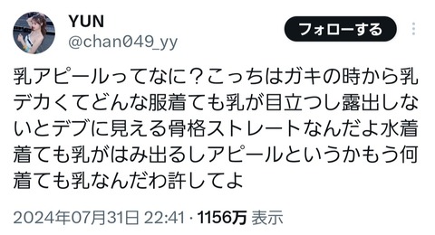 【悲報】乳がデカい女子、乳アピールしてると言いがかりを付けられてお気持ち表明