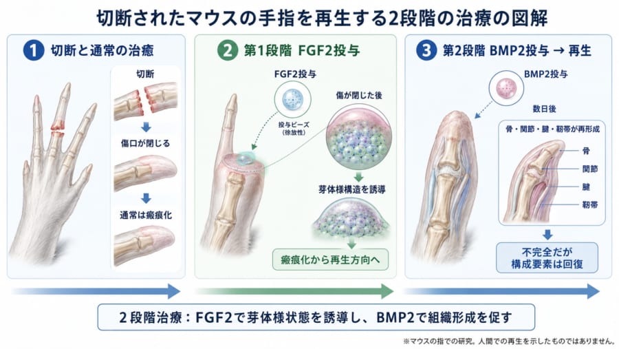 哺乳類に眠る「手足の再生能力」を呼び覚ます実験ーーマウスの切断指の再生を確認