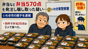 福島・いわき市で、570点の弁当などを発注しだまし取った疑いで親子2人を逮捕（65歳男・31歳女）だまし取った弁当などは親子が食べていたという