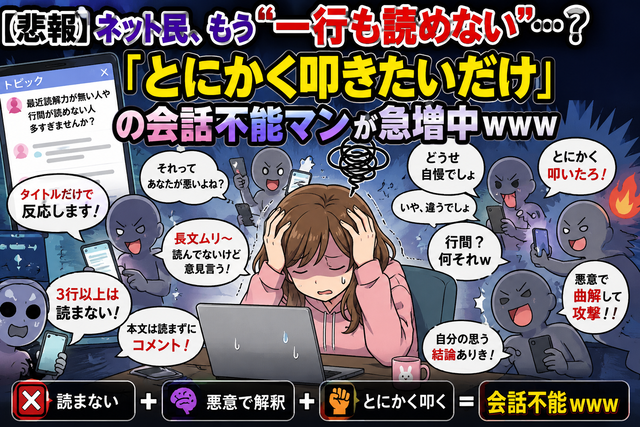 【悲報】ネット民、もう“一行も読めない”……？　「とにかく叩きたいだけ」の会話不能マンが急増中ｗｗｗ