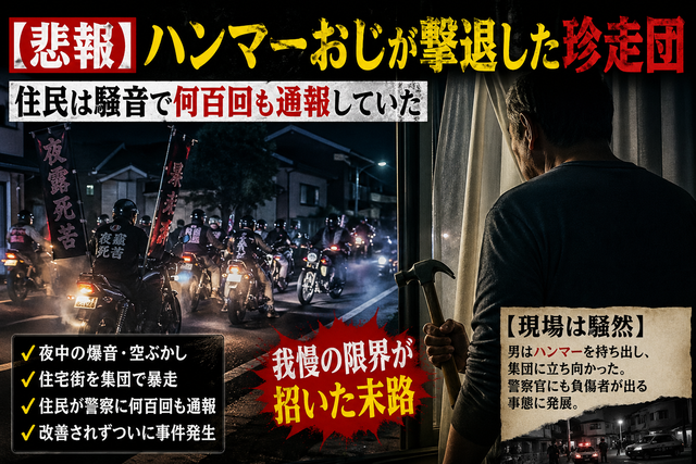 【悲報】ハンマーおじが撃退した珍走団 住民は騒音で何百回も通報していた