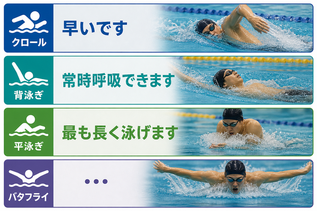 クロール「早いです」背泳ぎ「常時呼吸できます」平泳ぎ「最も長く泳げます」バタフライ「…」←これ