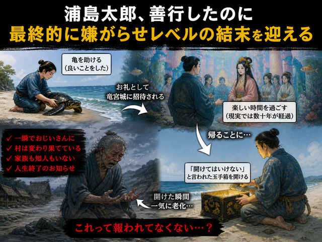 【闇深】浦島太郎、善行したのに老化させられて人生終了とかいう理不尽すぎる結末www