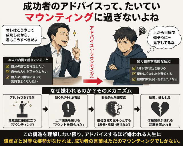 成功者のアドバイスって、たいてい善意を装ったマウンティングだよな