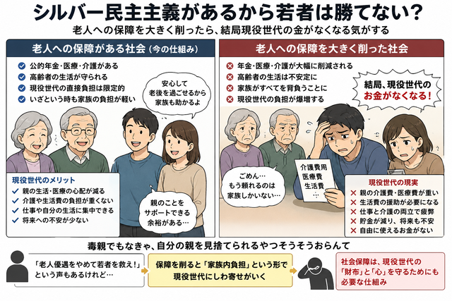 「シルバー民主主義のせいで若者が苦しい！」←でも親の面倒を全部自己負担になったらもっと地獄じゃね？