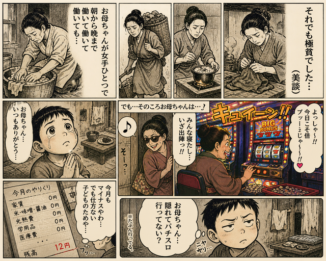 昭和の漫画「お母ちゃんが女手ひとつで朝から晩まで働いて働いて働いても極貧でした(美談)」←コレw