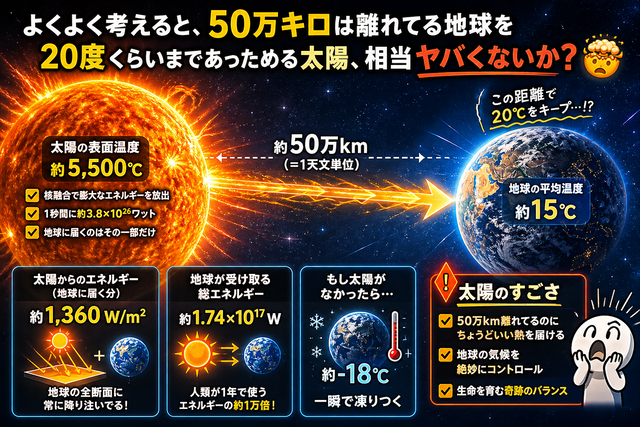 よくよく考えると、50万キロは離れてる地球を20度ぐらいまであっためる太陽相当ヤバくないか？