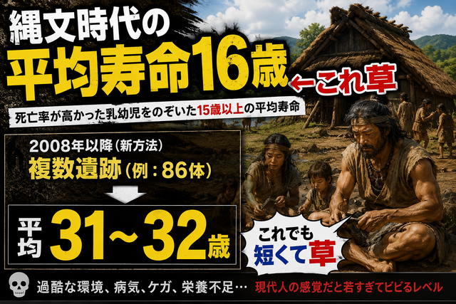 【悲報】縄文時代の平均寿命16歳←これ、乳幼児死亡を除いても30代前半だった模様www