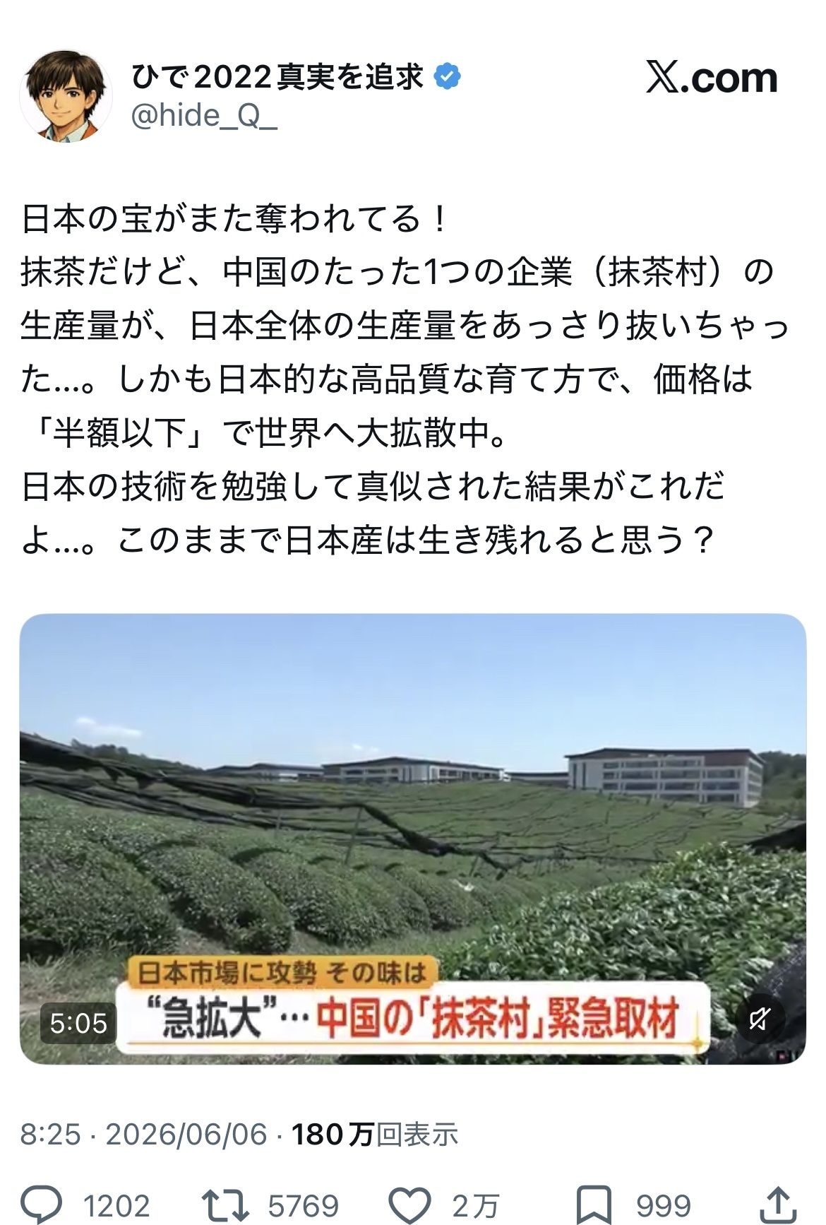 愛国者「抹茶が中国に盗まれました！このままでは抹茶が中国産になる」