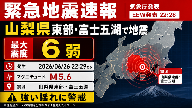 【緊急地震速報】山梨県東部・富士五湖で最大震度6弱の地震　M5.6、22時29分ごろ発生