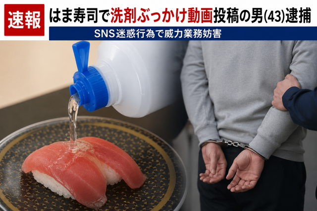 【速報】はま寿司で洗剤ぶっかけ動画投稿の男（43）逮捕　SNS迷惑行為で威力業務妨害