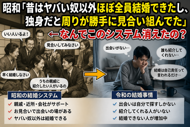 昭和「昔はヤバい奴以外ほぼ全員結婚できたし、独身だと周りが勝手に見合い組んでた」←なんでこのシステム消えたの？