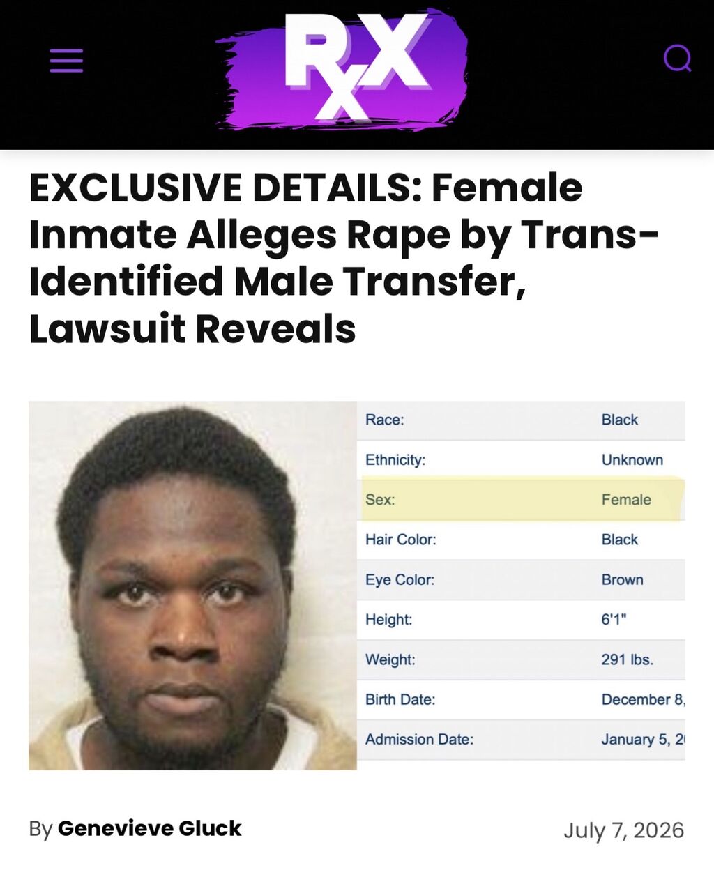 【アメリカ】身長185cm体重130kgで男性機能フル装備の黒人トランス女性、女子刑務所でやりたい放題