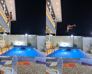 【動画】悲劇？バルコニーから後ろ向きでプールに飛び込んだ男が(ﾟoﾟ)