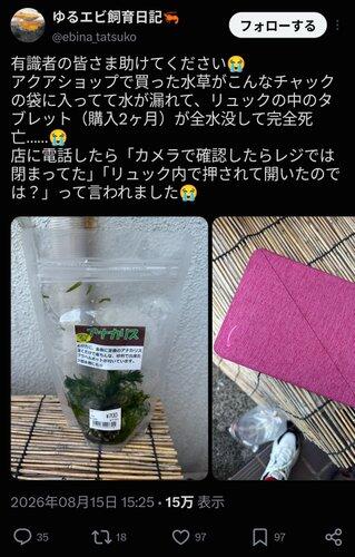 【悲報】男性「水草買ってリュックに入れたら水漏れしてタブレット損壊。これは私が悪いのですか？」