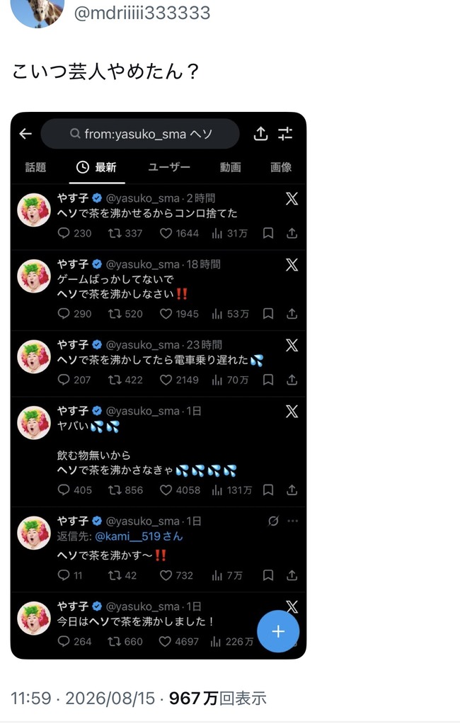 【悲報】やす子「冷笑されそうなネタをポストすると簡単にバズれる✌️」