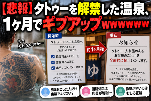 【悲報】タトゥーを解禁した温泉、わずか1ヶ月でギブアップwww