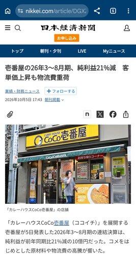 【悲報】ココイチさん、純利益が1年で2割以上減ってしまうwww