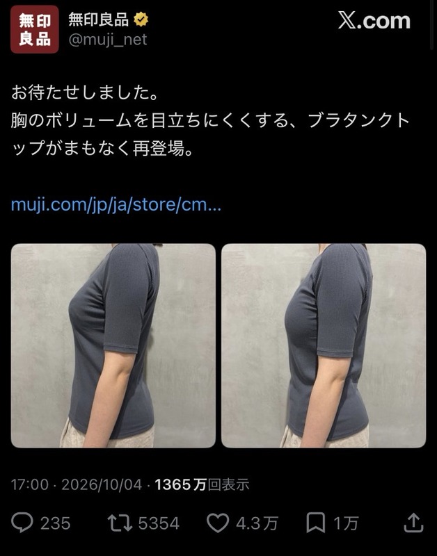 【画像】無印良品「胸を小さく見せるブラ」が大流行へwww